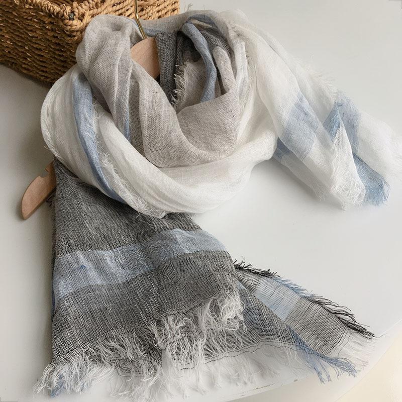 Japanese Simple Gray And White Color Matching Linen Scarf Casual Rough Edge Cotton And Linen Shawl, Warm Autumn And Winter Versatile Silk Scarf
