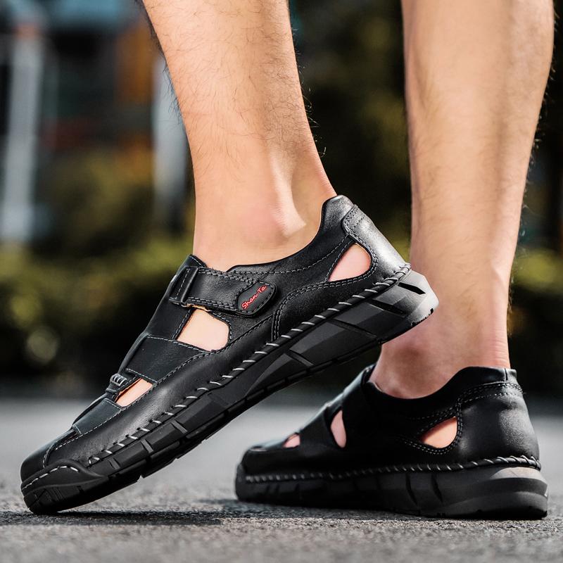 Мужские сандалии ручной работы, уличные сандалии, летние мужские сандалии из натуральной кожи в сетку в стиле ретро, повседневные пляжные сандалии