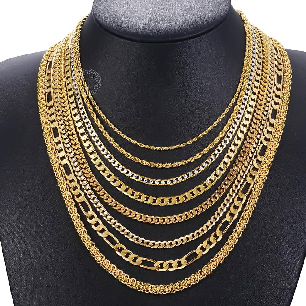 Gold Chain For Men Women Wheat Figaro Rope Cuban Link Chain Gold Filled Stainless Steel Necklaces Male Jewelry Gift
