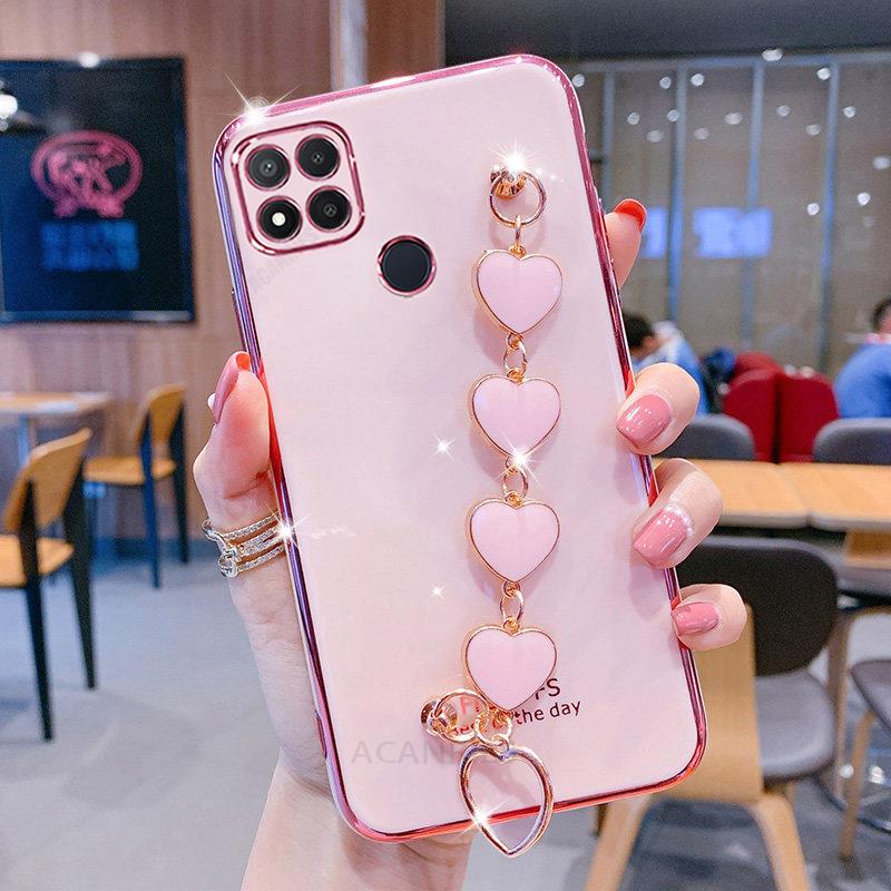 Redmi9c Luxury Wrist Love Heart Chain Plating Case On For Xiaomi Redmi 9c Nfc 9a 9 9at 9t 10a 10c 10 Bracelet Silicone Cover New