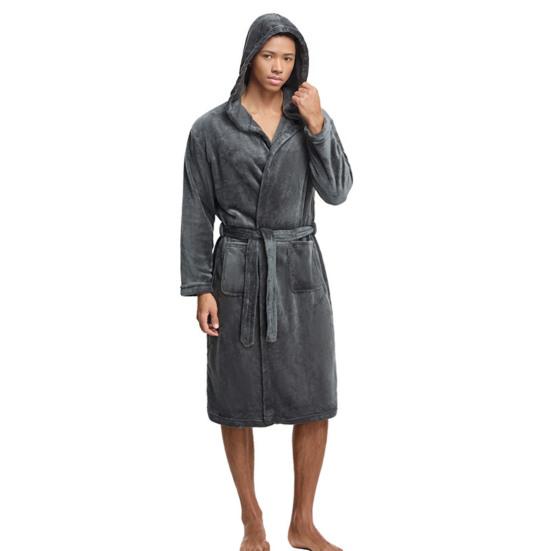 Men Nightgown Hooded Long Sleeve Belt Flannel Bathrobe with Pockets Solid Color Quick-Drying