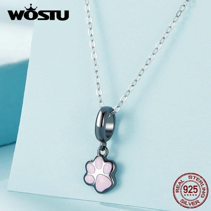 WOSTU 925 Sterling Silver Black Gold Mini Cat Paw Charms Pendant Animal Bead For Women Fit DIY Bracelet Necklace Jewelry Making