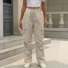 Women's Fashion Solid Color High Waist Drawstring Loose Multi Pocket Strap Casual Pants