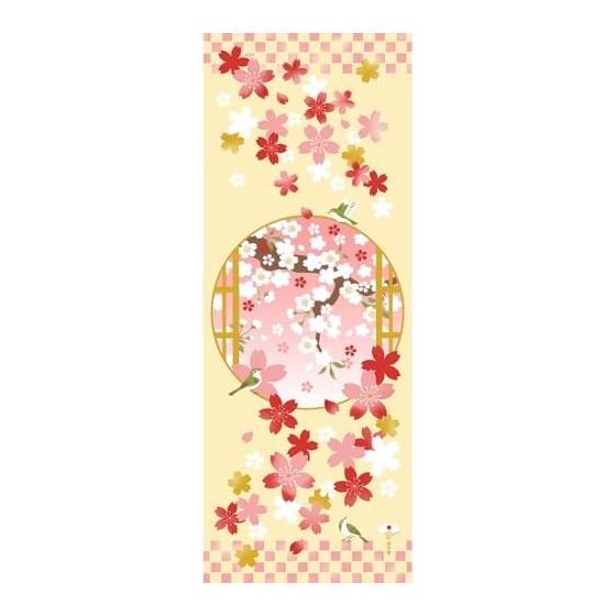 Hamamonyo Tenugui Towel - Dancing Cherry Blossoms and Nightingale (100% Cotton, Approx. 34cm x 90cm)