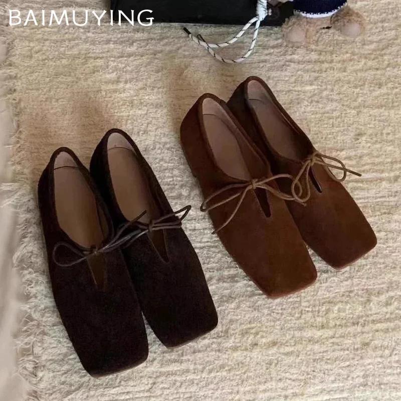 Туфли на плоской подошве с квадратным носком, замшевые туфли с бантом, новые зимние дизайнерские повседневные туфли 2024 года, трендовое платье для прогулок, модные женские туфли