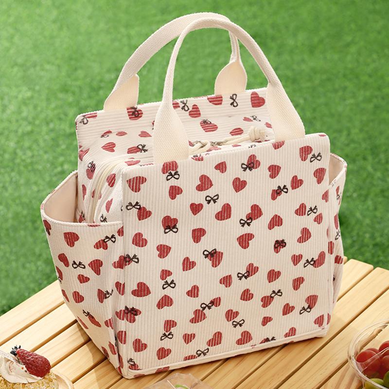 Corduroy Lunch Bag Thermal Insulation Lunch Box Storage Handbag Multifunctional Kids School Lunch Bag Picnic Food Pouch