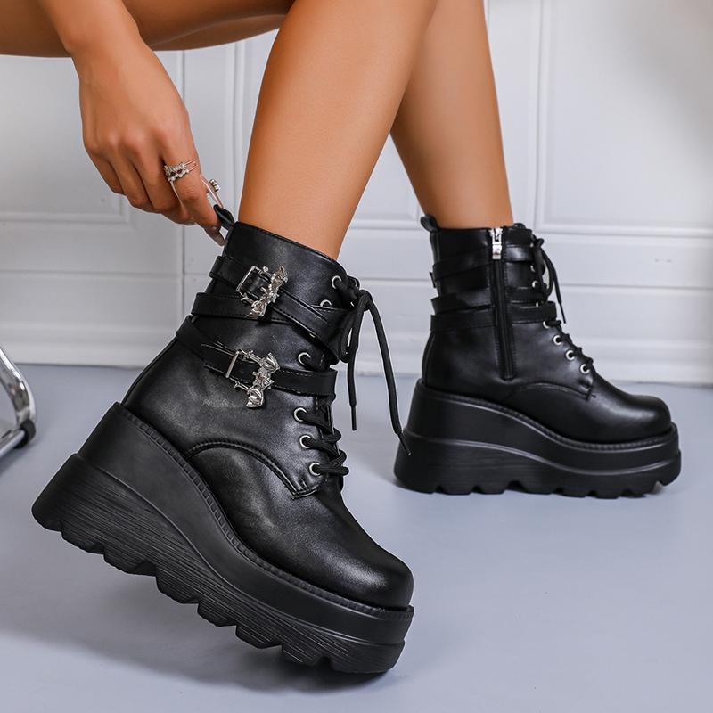 Fashion Chunky Platform Gothic Ankle Boots Women Punk Style Wedge Heel Motorcycle Shoes Woman Thick Sole Buckle Strap Black Combat Boots
