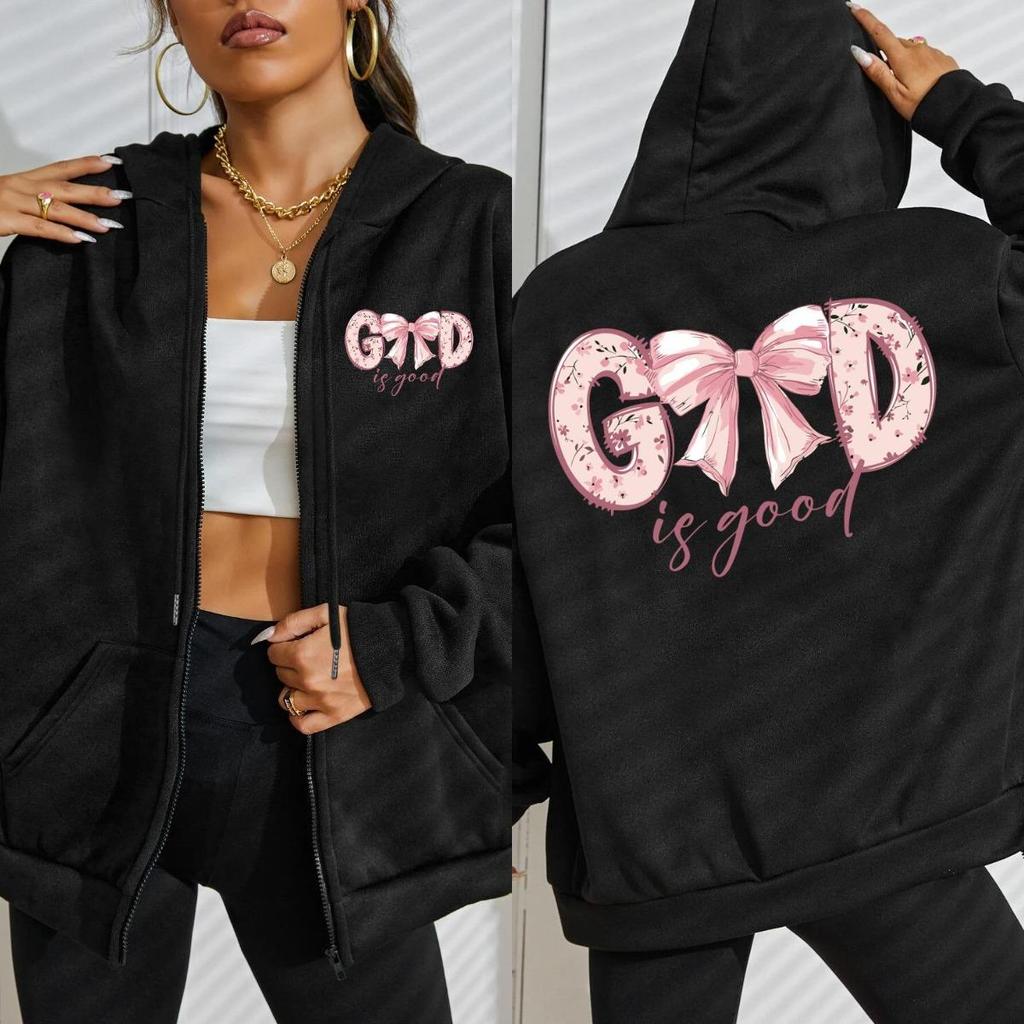 Бог Благ Розовый Красивый Цветок Бант Принт Толстовка на Молнии Женская Повседневная Свободная Худи Уличный Флис Уличная Одежда