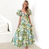 Women Evening Dress Bubble Sleeves Low-cut Off Shoulder Colorful Print A-line Big Hem Patchwork Hollow Out Pleated Vacation Beach Maxi Dress