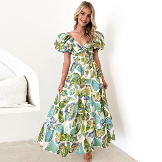 Women Evening Dress Bubble Sleeves Low-cut Off Shoulder Colorful Print A-line Big Hem Patchwork Hollow Out Pleated Vacation Beach Maxi Dress