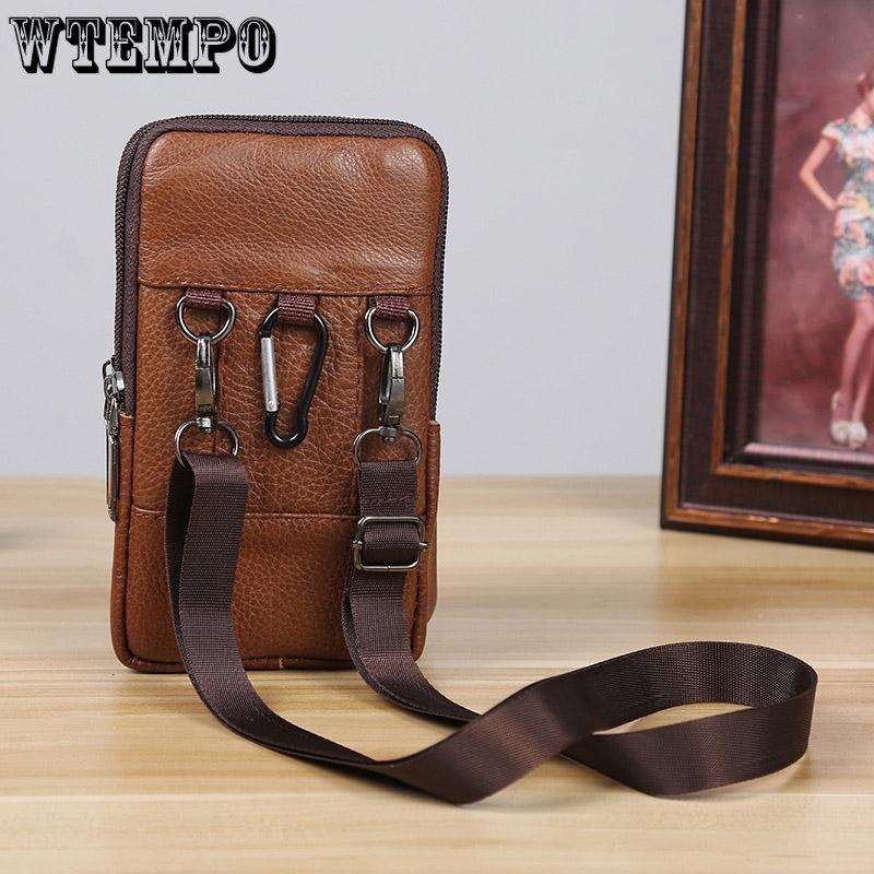 WTEMPO 3 Layer Leather Men's Mobile Phone Waist Bag Men's Multifunctional Waist Belt Crossbody Hanging Bag Outdoor Sports Leather Bag