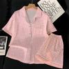Summer Ice Silk Pajamas Women'S Short-Sleeved Shorts Lapel Sexy Pink Thousand Bird Grid Loungewear Suit Girl