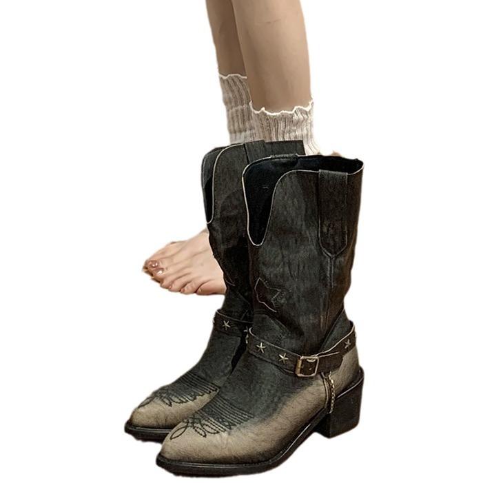 British Style Pointed Head Thick Heel Western Cowboy Boots Women's 2025 New Summer Retro Versatile V-port Heightening Short Boots