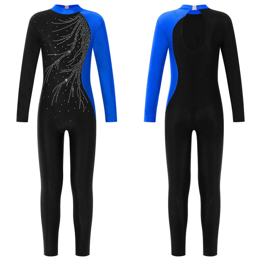 Kids Girls Long Sleeve Shiny Rhinestone Decor Dance Slim Fit Gymnastics Skating Leotard Jumpsuit