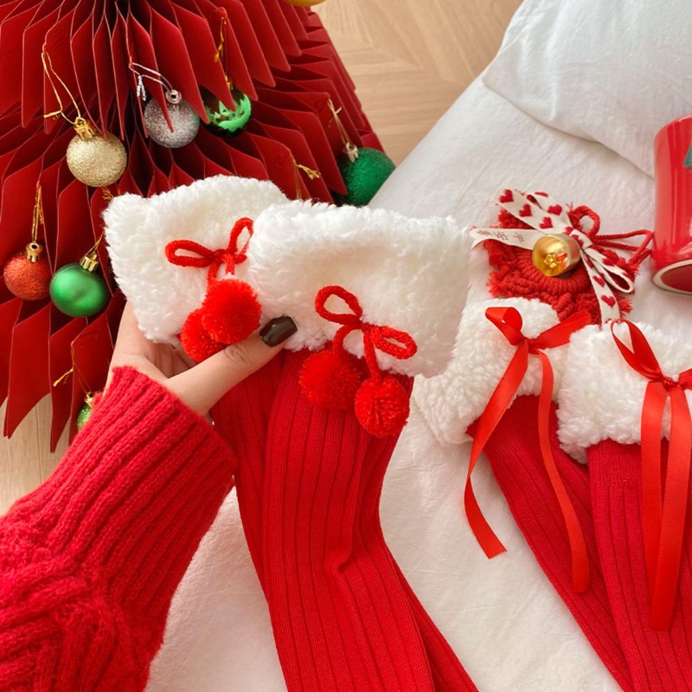 Personality Children Red Socks Breathable Bow Middle Tube Socks New Female Hosiery Christmas