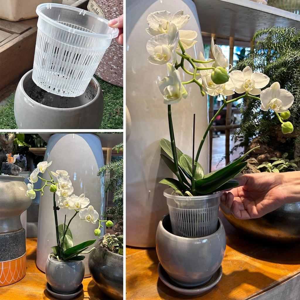 3 Inch Orchid Pot,10 Pcs Net Cup Pots with Holes and Saucers,White Net Pot Mesh Pot Net Cup Basket Hydroponic,Breathable Slotted Plastic Orchid