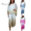 Summer Chiffon Gradient 2 Piece Set for Women Plus Size Crew Neck Top Wide-leg Pant Set Casual Loungewear Outfit