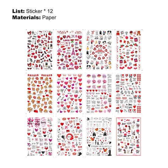 12Pcs/Set Nail Sticker Non-Fading Self-Adhesive Excellent Saturation Valentine DIY Design Decals Manicure Sticker for Manicure