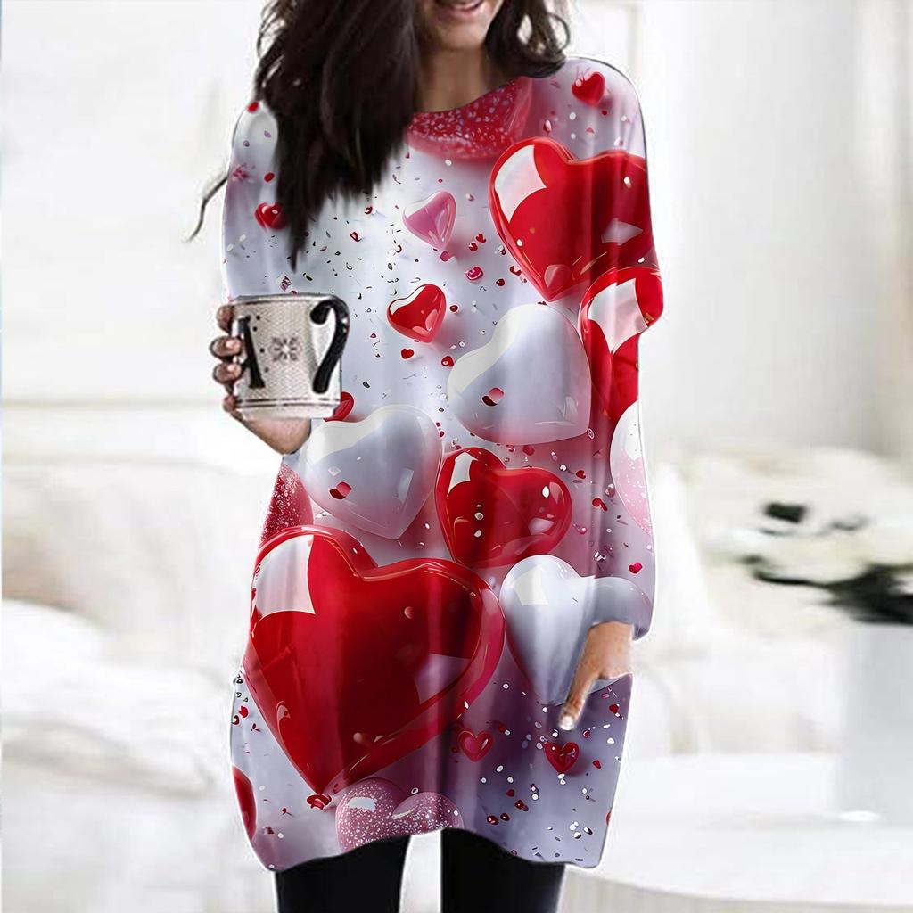 Женский модный повседневный топ с длинным рукавом и круглым вырезом ко Дню святого Валентина с принтом в виде сердца