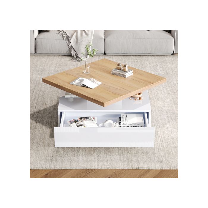 Table basse - MUVOE - Carrée - 360° pivotante - Noyer et blanc brillant - Espace de rangement caché