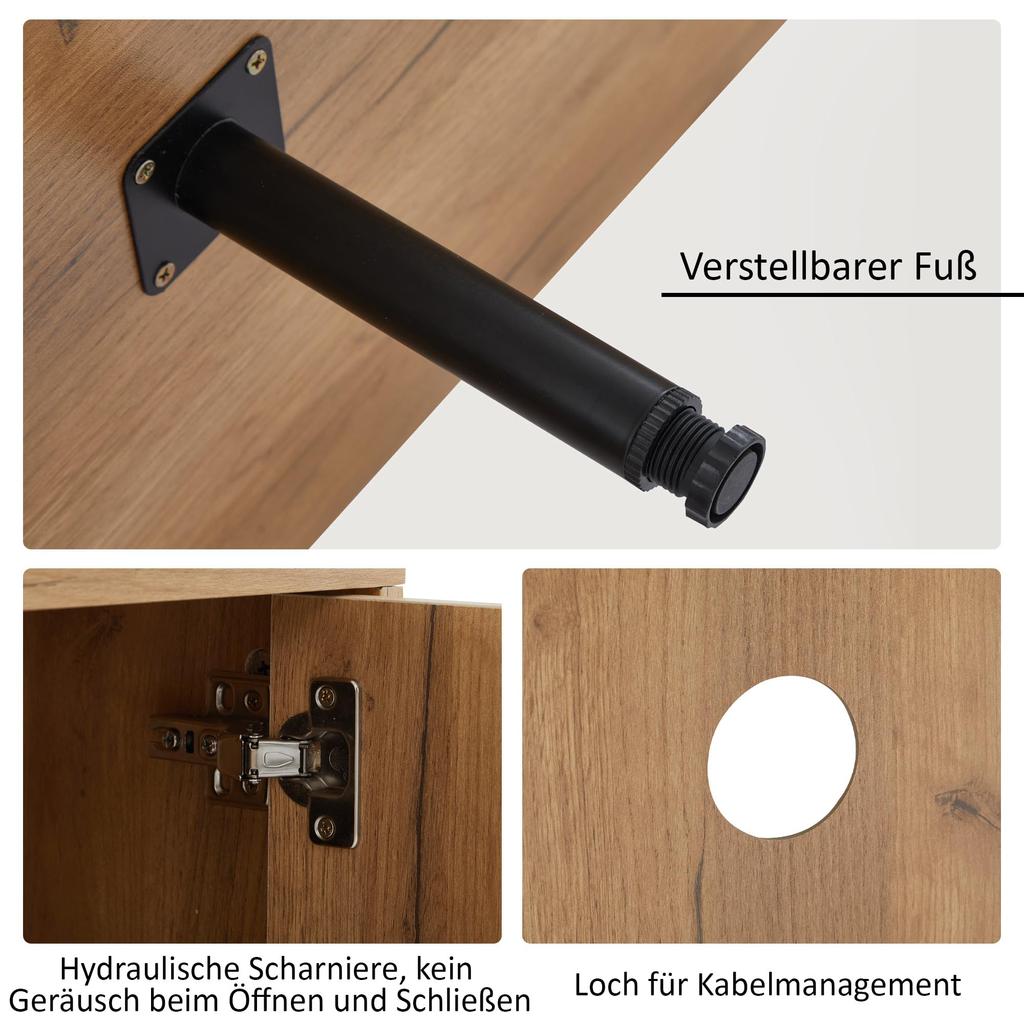 TV-Schrank Fernseher bis zu 80 Zoll, Moderner TV Lowboard 3 offenem Fach, TV Kommode, Wohnzimmer Esszimmer, Braun & Schwarz, 180x40x50cm
