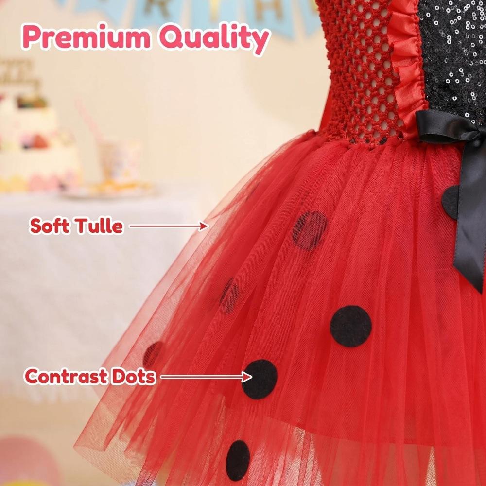 Girls Ladybug Costume Dress with Tulle Skirt and Wings for Halloween Party Cosplay Animal Performance Dress Up Set
