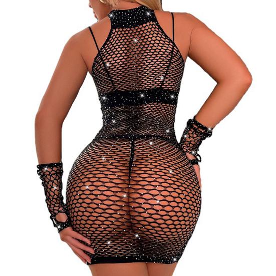 Women Nightdress Gloves Set See-through Hollow Out Fishnet Lace Shiny Rhinestone Decor Sheath Skinny Backless Bedroom Honeymoon Sleepwear