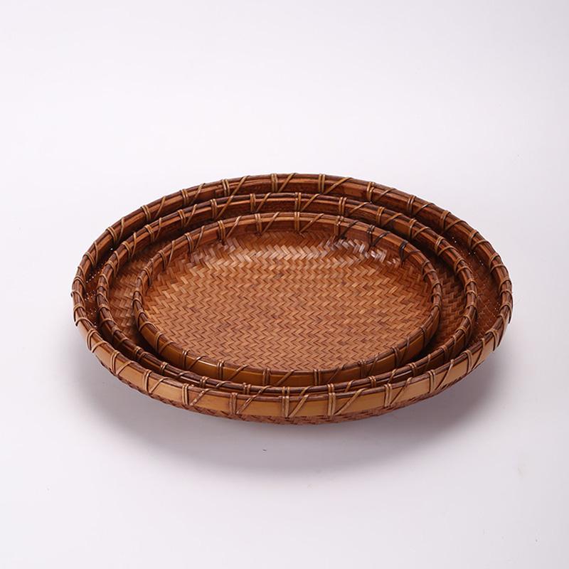 Lacquered Bamboo Woven Basket: Round Retro Fruit, Snack, and Tea Tray