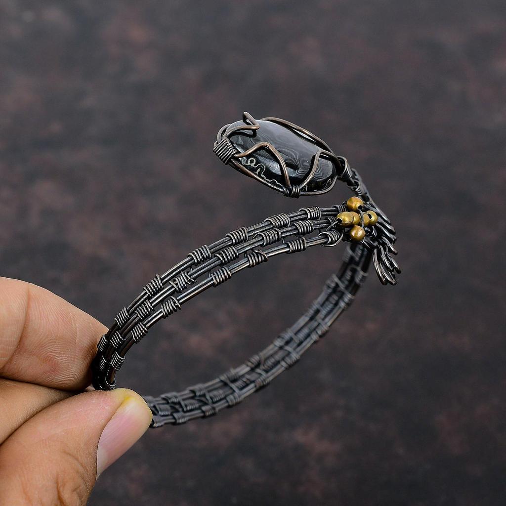 Браслет Psilomelane из медной проволоки, обернутый драгоценными камнями, браслет-манжета ручной работы, стильный браслет, регулируемый браслет из медной проволоки, ювелирные изделия, подарок на годовщину