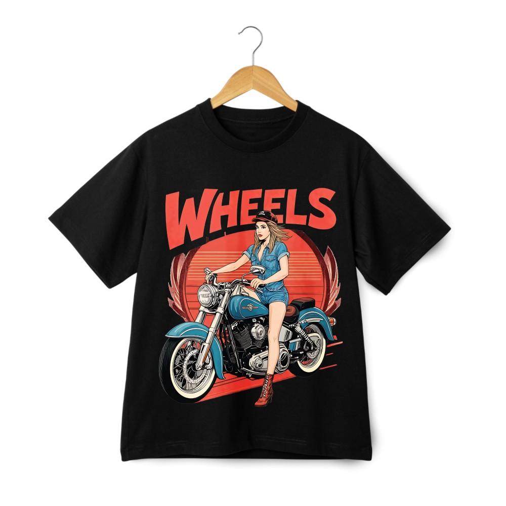 Винтажная футболка с графическим принтом для девушки-байкера ''WHEELS''