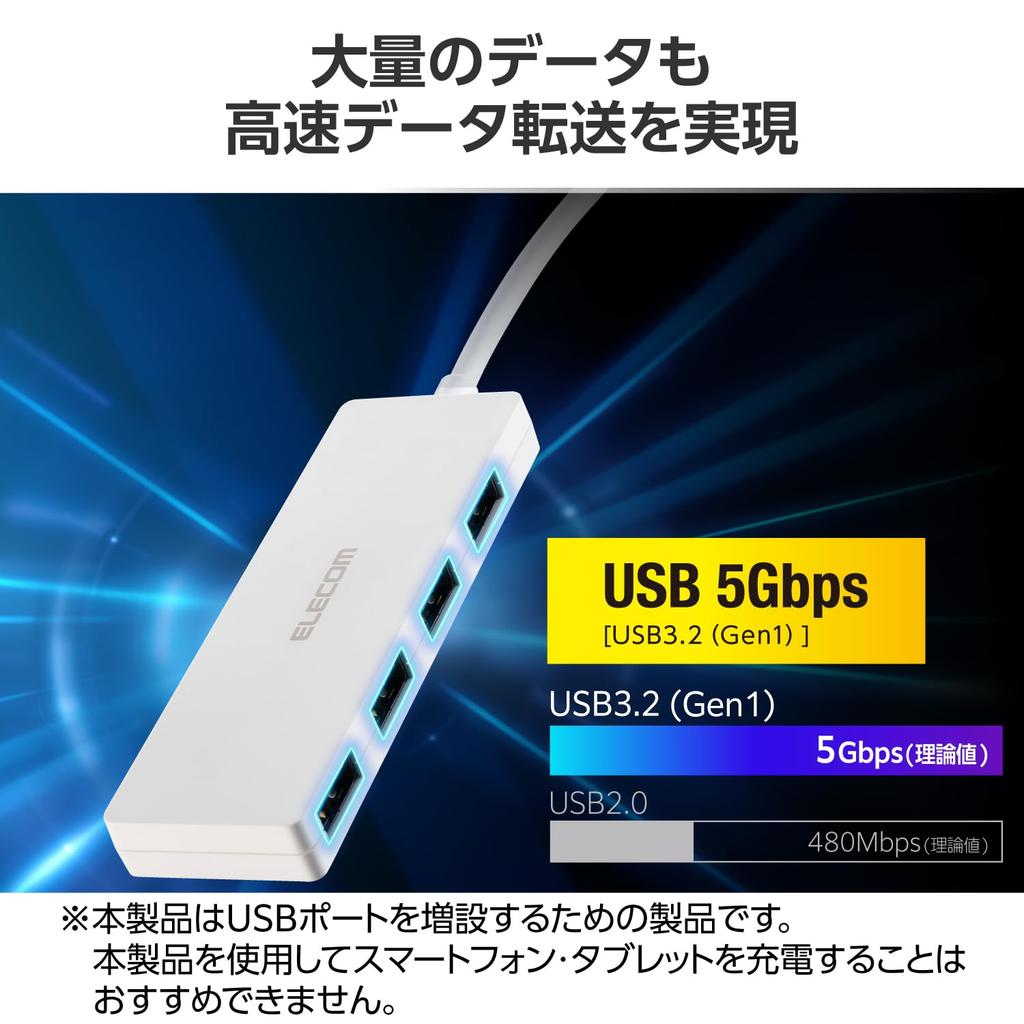 Elecom USB-концентратор USB3.2 (Ген1) Подключение USB-C 5 Гбит/с, 4 порта, питание по шине, кабель длиной 30 см, белый U3HC-H041WH