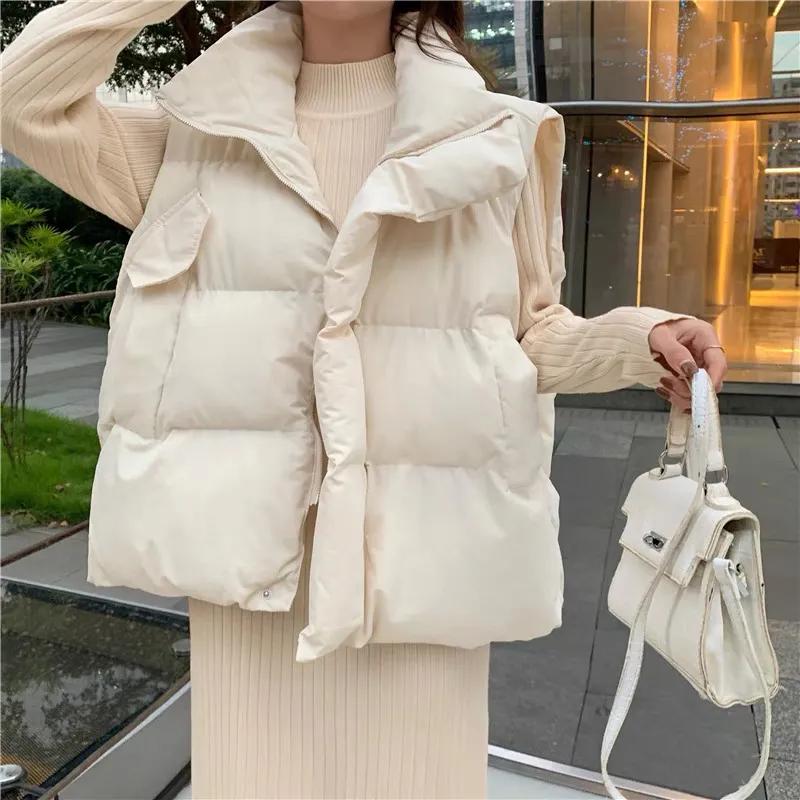Women's Autumn and Winter Solid Color Loose Down Cotton Vest Standing Collar Casual Comfortable Jacket