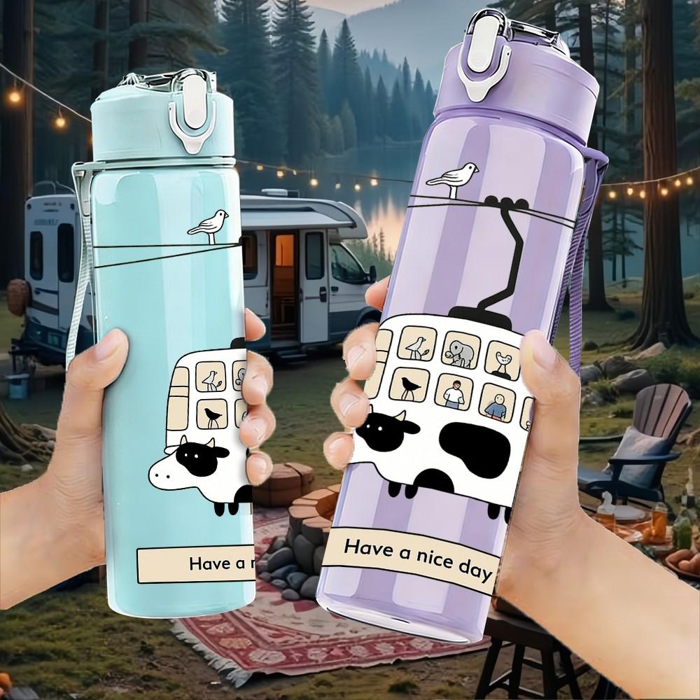 1PC Cow Cable Car Cartoon Print 750ml Color Plastic Sports Water Bottle Leakproof Flip Straw Lid Suitable for Sports Office Home Use