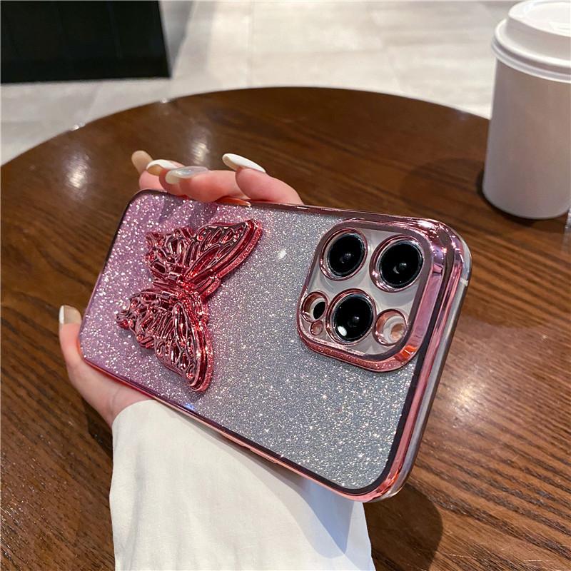 Sparkly Phone Case for iPhone 17 16 15 Pro Max with Butterfly Stand Gradient  Full Cover Glitter Case
