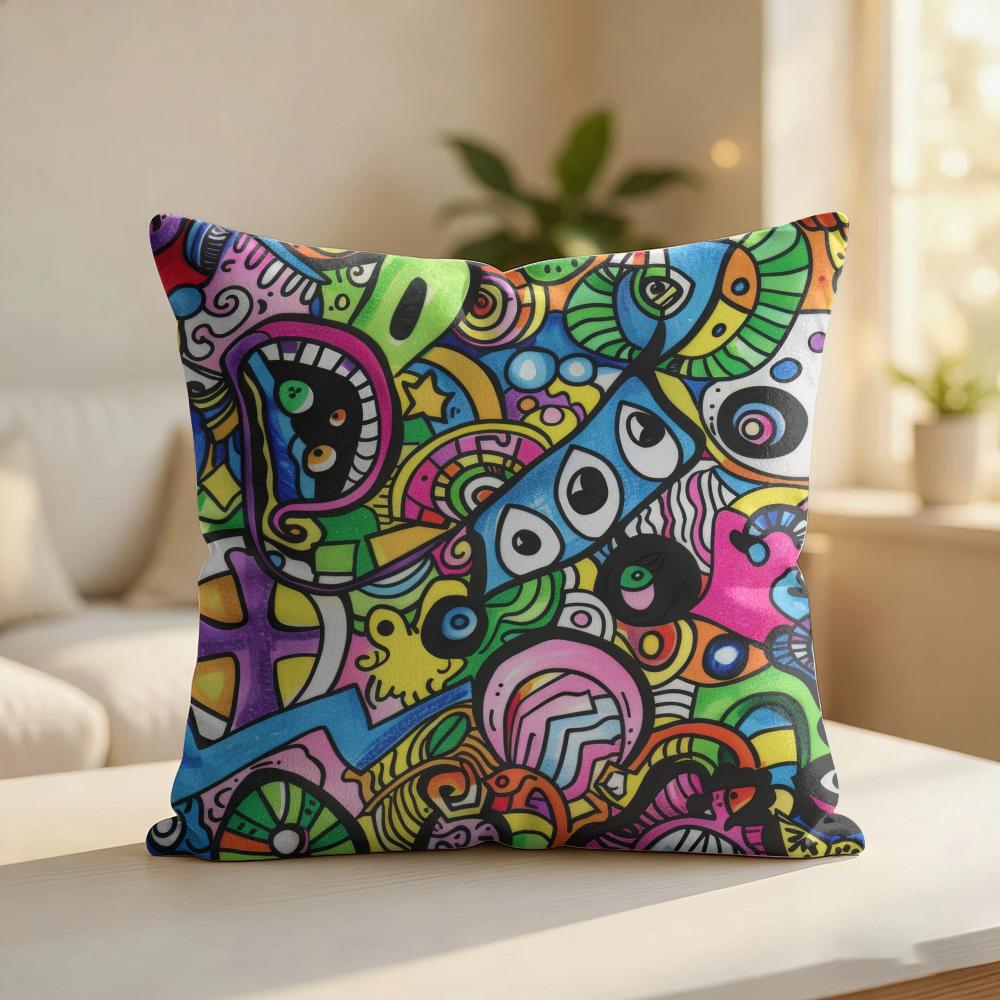 Colorful Graffiti Pattern Cushion Cover Silky Short Plush Invisible Zipper Dustproof Sofa Pillow Case For Home Decor