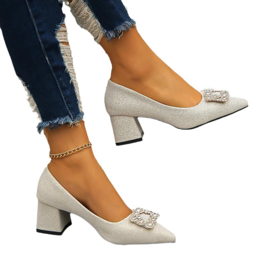 Модные женские туфли-одиночки 2024 года, весна, новая корейская версия с квадратной пряжкой и острым носком на толстом каблуке