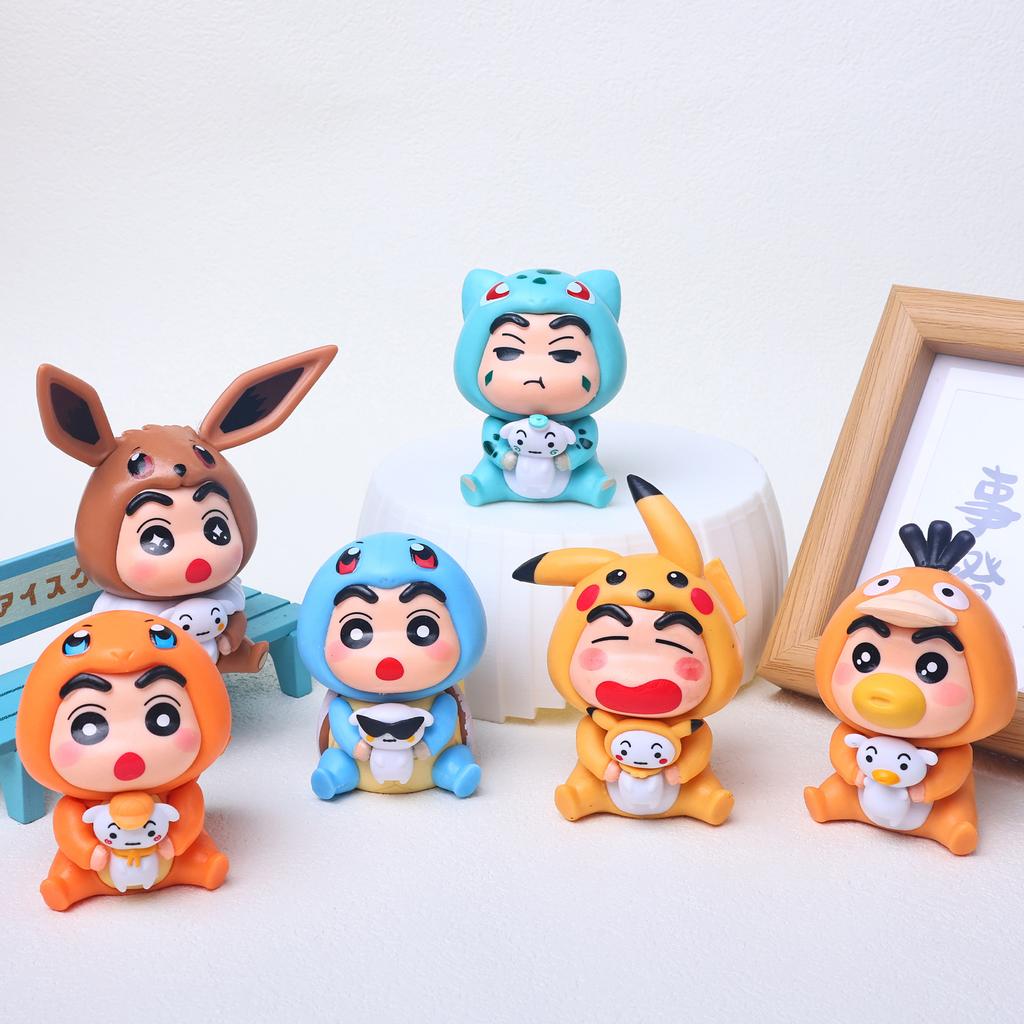 6pcs/set Crayon Shin chan Psyduck Eevee Charmander Bulbasaur Squirtle Action Figure Collection Model Toys