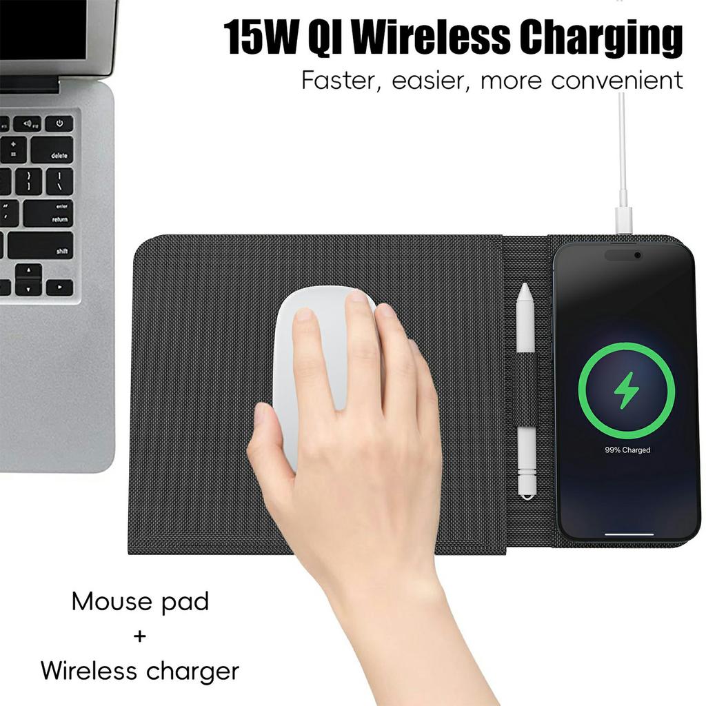 15W Leather Foldable Mouse Pad Wireless Charging Stand Writing Board with Magnetic Fast Charging for Meetings
