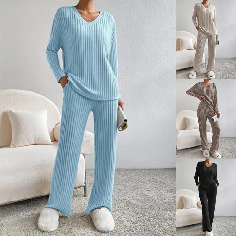 Autumn and Winter Two-piece Fashion Casual Straight Trousers Temperament Loose V-neck Pit-stripe Knitting Suit
