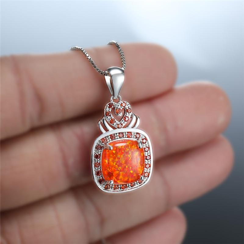 Большие Женские Квадратные Белые Оранжевые Огненные Опаловые Каменные Подвески Ожерелья Свадебное Случай Вечеринка Мероприятие Свадебное Случай Украшения Ретро Стильные Стильные Серебро