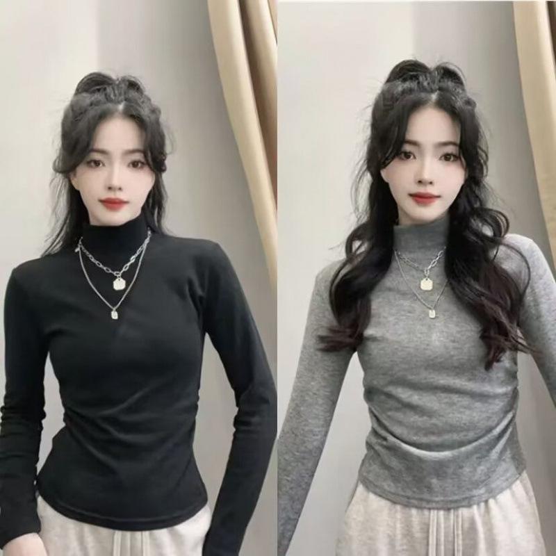 Autumn and Winter Thickened Velvet Half Turtleneck Versatile Bottoming Shirt with Slim Fit Short Warm T-shirt Tight Top