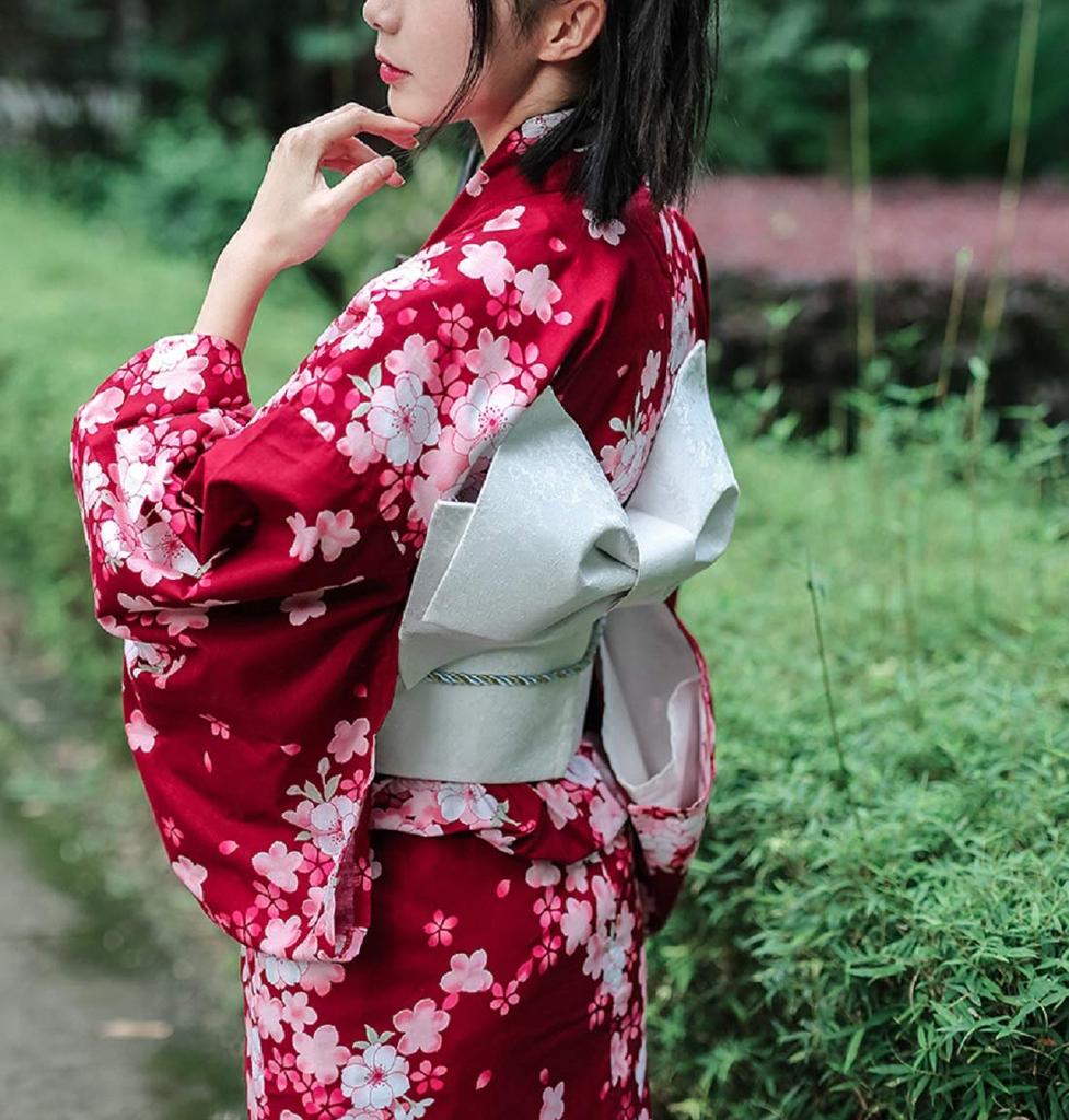 Getz Flowing Cherry Blossom with a Plain Elegant One Size Fits Set with Perfect for Fireworks Summer Bon and and Perfect for Women's Yukata, Red,