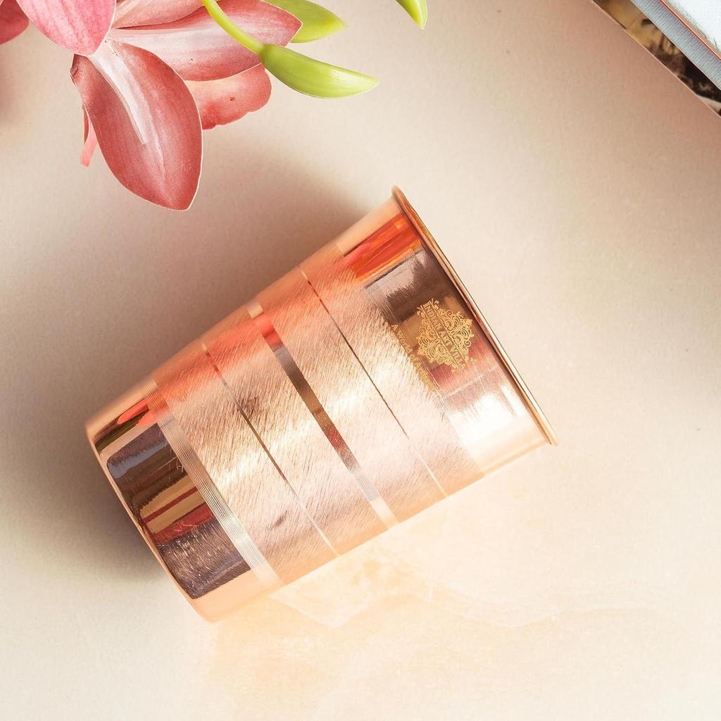 Медный стакан – 275 мл, Элегантная посуда для воды, Аюрведические преимущества и ежедневное использование, Идеально подходит для дома, офиса и в качестве подарка, Набор из 4 штук