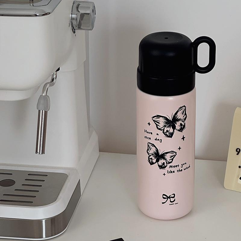 Girls Heart Student Vacuum Stainless Steel Thermos Cup Girls Bow Outdoor Thermos Cup Double Drinking Straw Water Cup