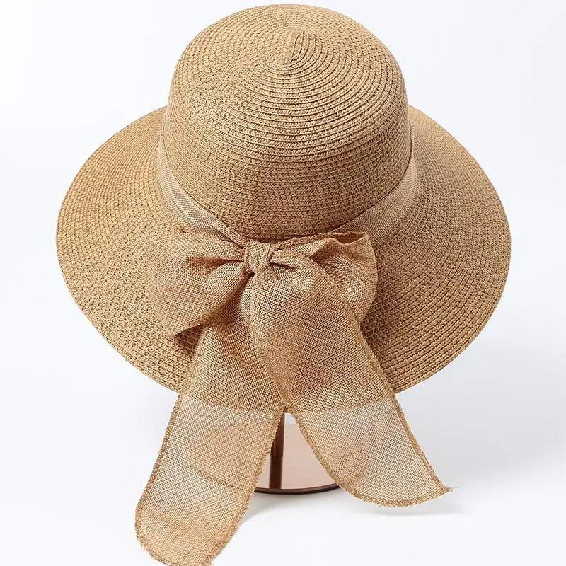 WTEMPO Elegant Casual Travel Beach Foldable Summer Hats with Bow Women's Wide Brim Solid Color Outdoor Sunscreen Hats