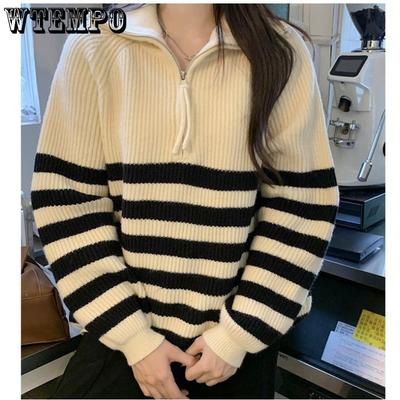 Полосатый пуловер с лацканами и молнией до середины для женщин, осенне-зимний трикотажный свитер свободного кроя для женщин