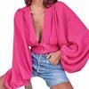 Blusas, осенние сексуальные рубашки с v-образным вырезом, женская рубашка с высокой талией и рукавами-фонариками, короткий атласный топ, свободные топы, блузка, однотонная одежда 29535