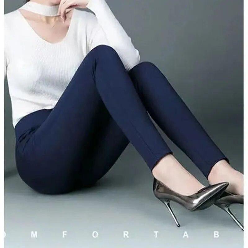 Офисные женские узкие брюки-карандаш, весенне-осенние брюки с высокой талией и эластичными карманами, однотонные элегантные женские повседневные модные прямые брюки 2024