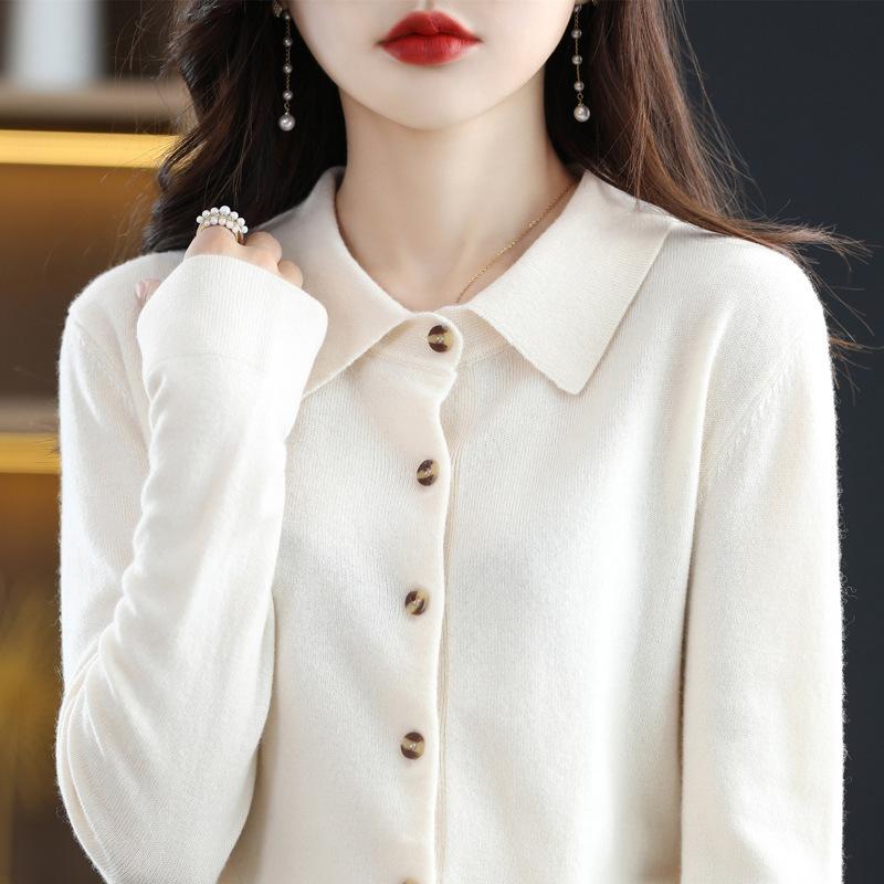 Four Seasons Sweater Cardigan Wool Blend Autumn and Winter Women's Loose Polo Lapel Tops Knitted Cardigan