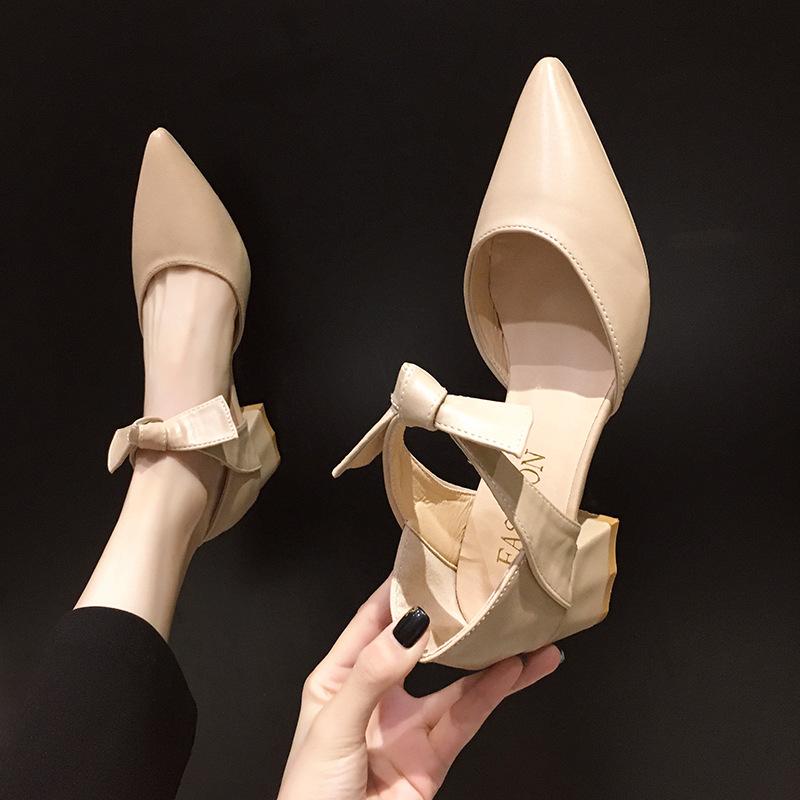 2025 лето и осень новые женские туфли корейской версии толстый каблук заостренный полый бант односложная пряжка ремень одинарные туфли модные высокие каблуки